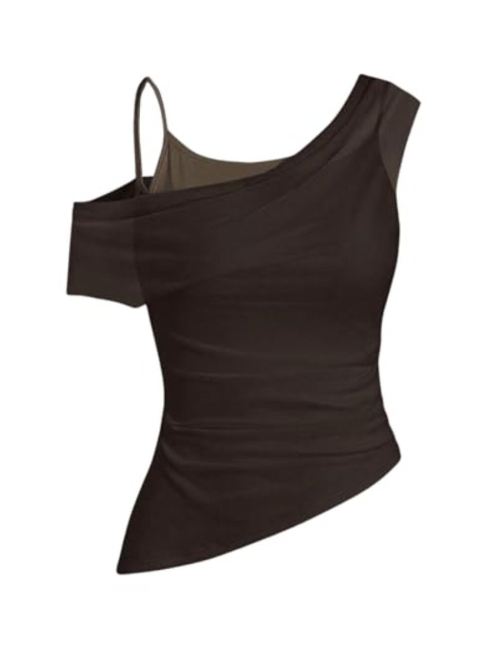 Womens Off Shoulder Mesh Cap Sleeve 2 in 1 Tops Asymmetrical Going Out Tee Shirt